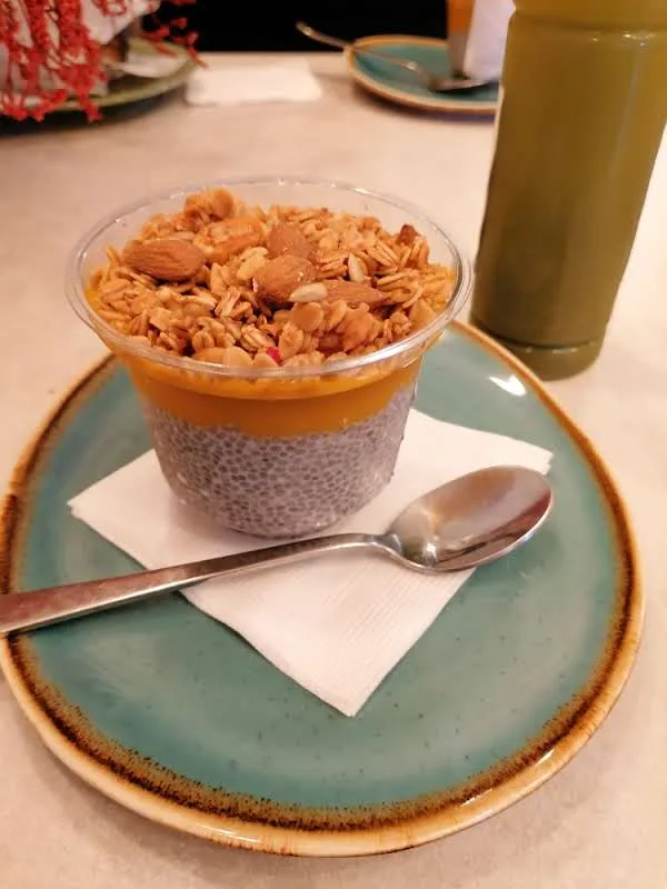 Chia Pudding Grundrezept mit weißer Chia-Schicht, Fruchtpüree und Mandel-Topping