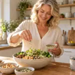 Frau ab 50 bereitet eine Bowl mit Linsen, Kichererbsen, Quinoa und Hanfsamen zu – Eiweißbedarf pflanzlich decken