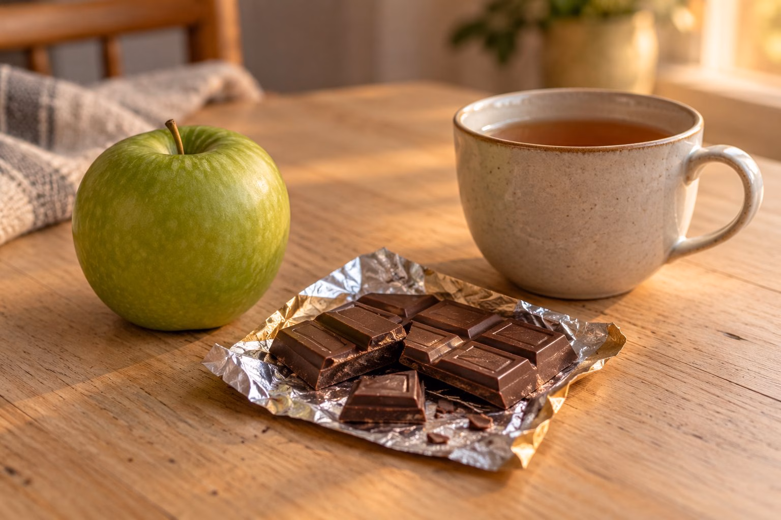 Emotionaler Hunger oder echter Hunger? Apfel und Schokolade auf dem Holztisch – der Apfel-Test hilft, emotionalen Hunger von echtem Hunger zu unterscheiden