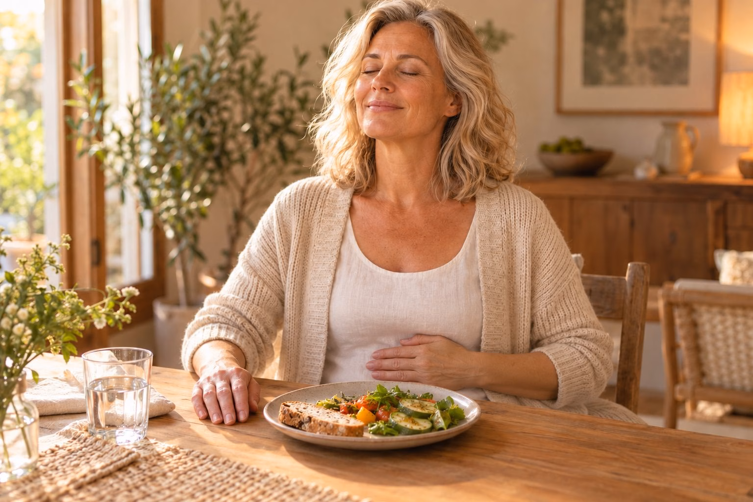 Was tun gegen emotionales Essen: 3 Fragen vor dem ersten Bissen Frau legt vor dem Essen die Hand auf den Bauch – drei Fragen, was du gegen emotionales Essen tun kannst