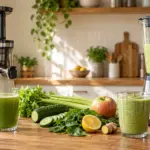 Entsafter oder Mixer: Slow Juicer mit grünem Saft und Hochleistungsmixer mit grünem Smoothie in einer Rohkostküche