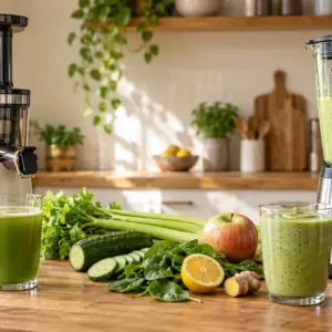 Entsafter oder Mixer: Slow Juicer mit grünem Saft und Hochleistungsmixer mit grünem Smoothie in einer Rohkostküche