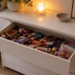 Geöffnete Kommodenschublade voller Süßigkeiten im warmen Abendlicht – Symbolbild für Essen aus Einsamkeit
