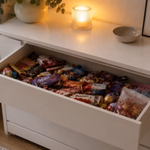Geöffnete Kommodenschublade voller Süßigkeiten im warmen Abendlicht – Symbolbild für Essen aus Einsamkeit