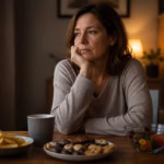 Frau sitzt still allein mit Snacks am Tisch – Symbolbild für Essen aus Langeweile und innere Leere