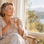 Frau ruht entspannt mit Tee am Fenster – Fasten und Longevity, der Reset-Knopf des Körpers durch Autophagie