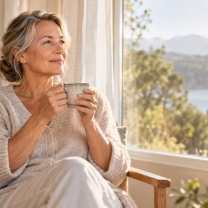 Frau ruht entspannt mit Tee am Fenster – Fasten und Longevity, der Reset-Knopf des Körpers durch Autophagie