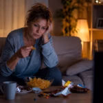 Frau sitzt abends erschöpft mit Snacks auf dem Sofa – Symbolbild für Frustessen am Abend