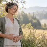 Hormonbauch in den Wechseljahren: Frau mit den Händen auf dem Bauch in der Natur