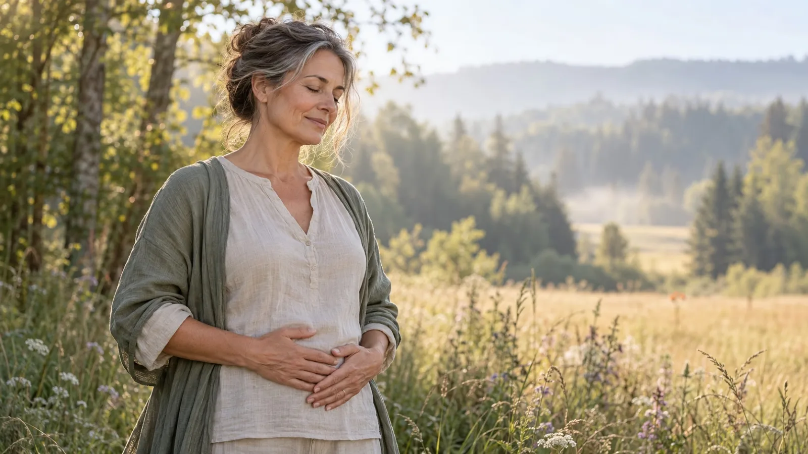 Hormonbauch in den Wechseljahren: Frau mit den Händen auf dem Bauch in der Natur