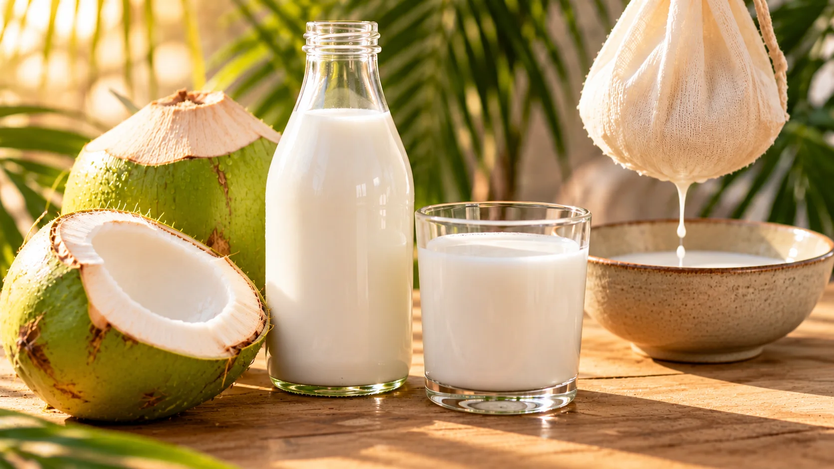 Kokosmilch selber machen: Glasflasche mit frischer Kokosmilch, Kokosraspeln und halbe Kokosnuss auf Holztisch